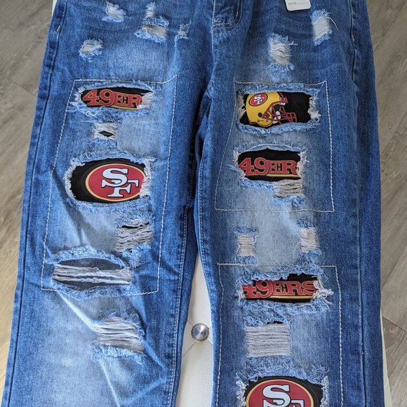 Women's High Rise Distressed Blue Jeans 49ers - Picture 7 of 9